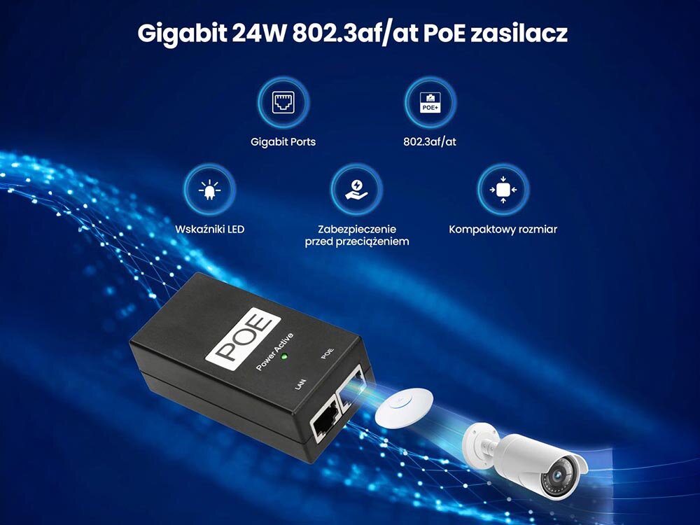 Zasilacz POE EXTRALINK PoE Extralink 48 V 24 W urządzeń sieciowych skrętkę media konwerter, access pointy czy kamery transmisji danych i energii elektrycznej - zasilacz od tyłu na białym tle