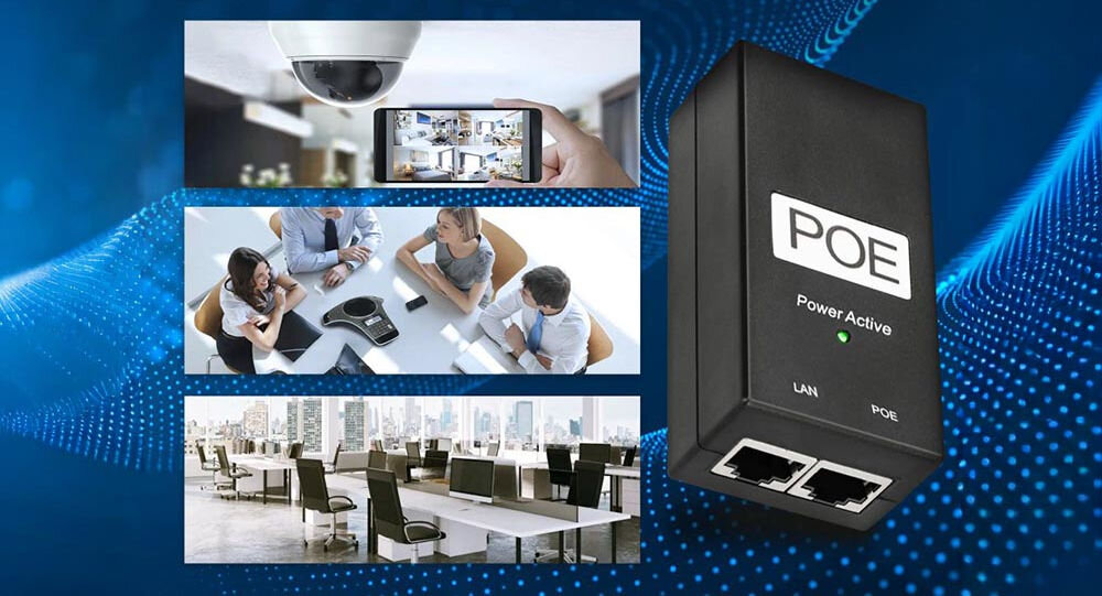Zasilacz POE EXTRALINK zasilanie oraz przesyłanie danych gigabit ethernet rozbudowanych sieciach Extralink  passive PoE - zasilacz od spodu na białym tle