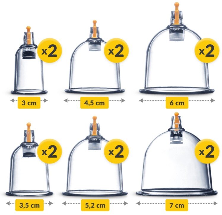 Na obrazie widoczne są bańki bezogniowe próżniowe w sześciu różnych rozmiarach: 3 cm, 3,5 cm, 4,5 cm, 5,2 cm, 6 cm i 7 cm, każda z oznaczeniem \'x2\'.