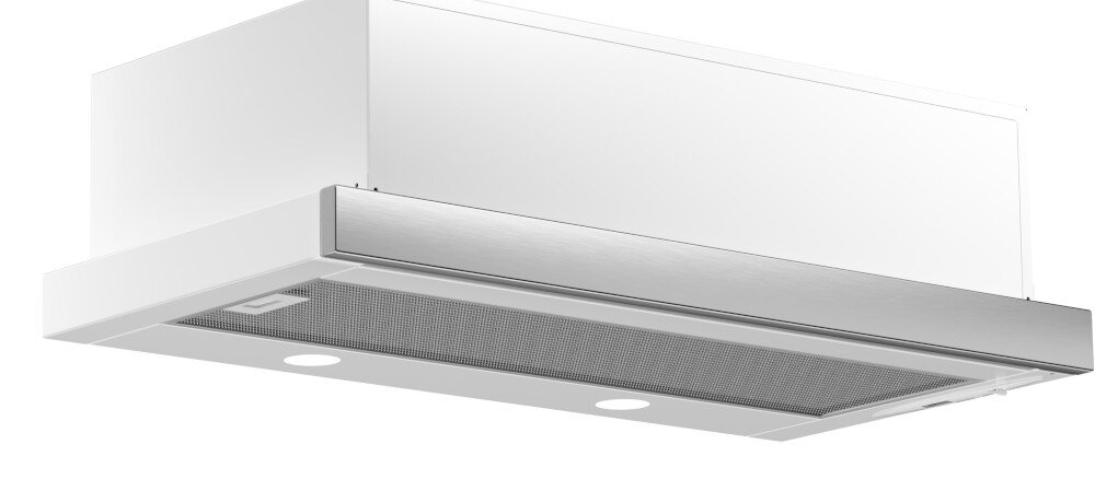 OKAP AKPO WK-7 Light Eco 60 Na zdjęciu widać czarny okap sufitowy marki akpo z wąskim szczelinowym wlotem powietrza. Pod spodem znajduje się podłużne oświetlenie LED, które doświetla strefę gotowania LED równomierne oświetlenie energooszczędne jasne widoczność