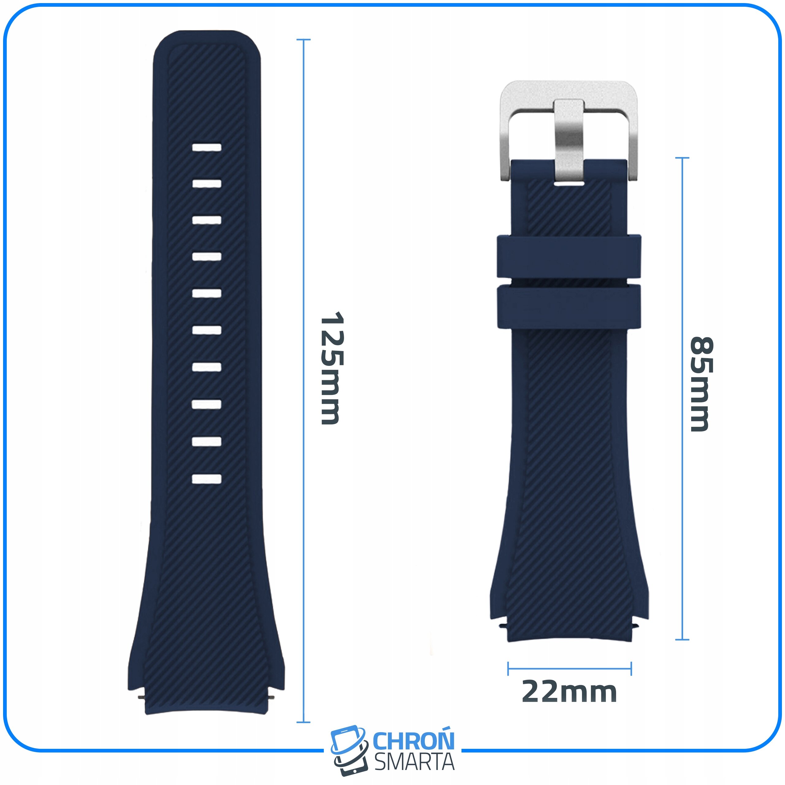 Obraz przedstawia czarny pasek do smartwatcha z wymiarami 125mm i 85mm oraz szerokością 22mm. Na dole widoczne jest logo \'CHROŃ SMARTA\'.