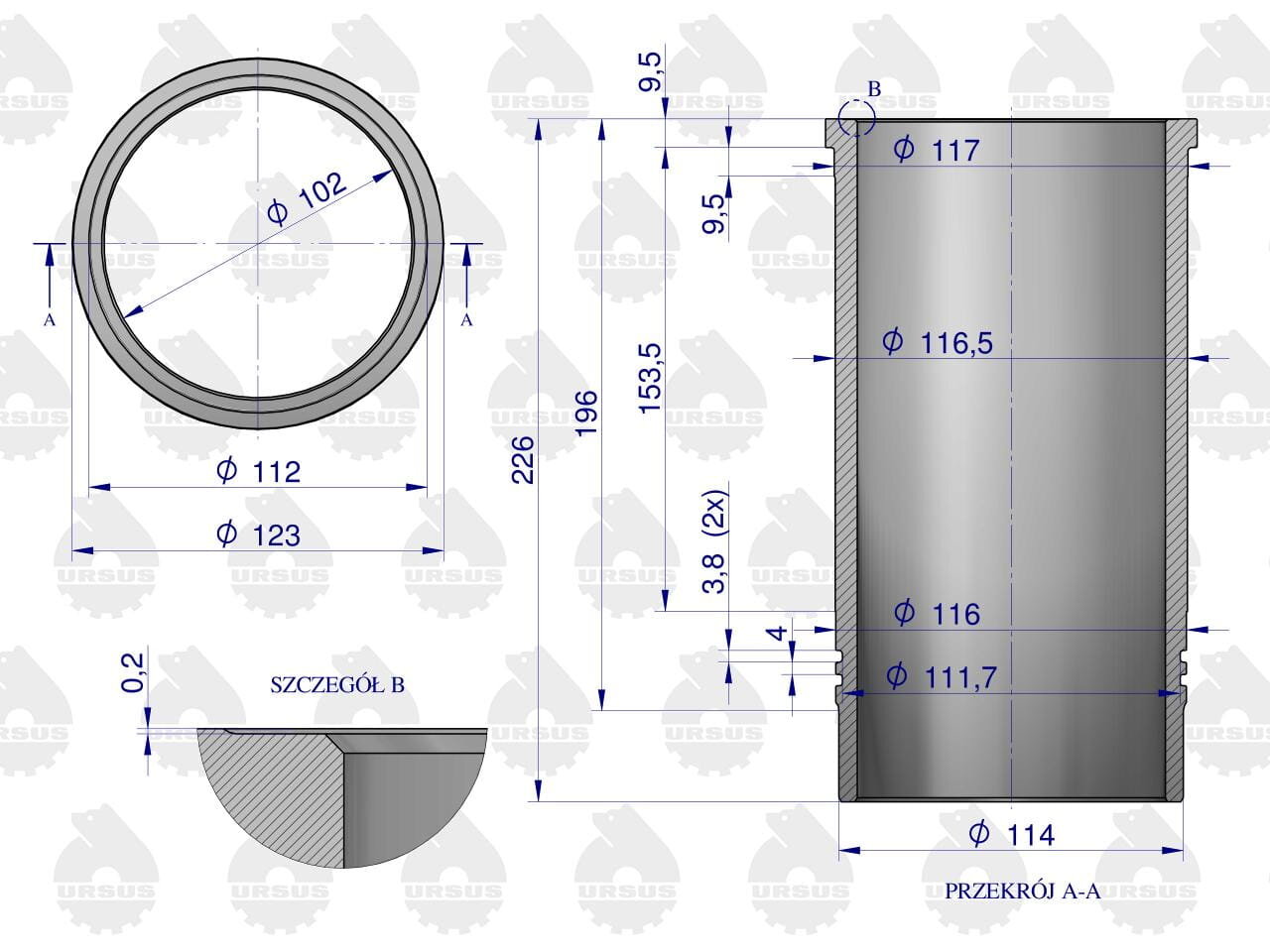 Rysunek techniczny przedstawia przekrój i widok z góry elementu cylindrycznego z wymiarami w milimetrach. Widoczne są oznaczenia takie jak \'PRZEKRÓJ A-A\', \'SZCZEGÓŁ B\' oraz logo \'URSUS\' w tle.