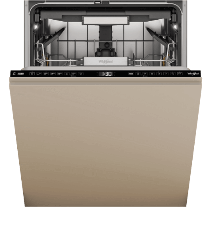 Zmywarka w kolorze beżowym z otwartymi drzwiami, ukazująca wnętrze z trzema poziomami koszy. Na panelu sterowania widoczny jest wyświetlacz z czasem \'1:30\' oraz różne ikony funkcji.