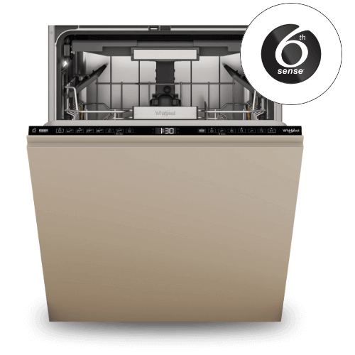 Zmywarka w kolorze beżowym z otwartymi drzwiami, widoczny panel sterowania z wyświetlaczem pokazującym \'1:30\'. Obok zmywarki znajduje się okrągłe logo z napisem \'6th sense\'.