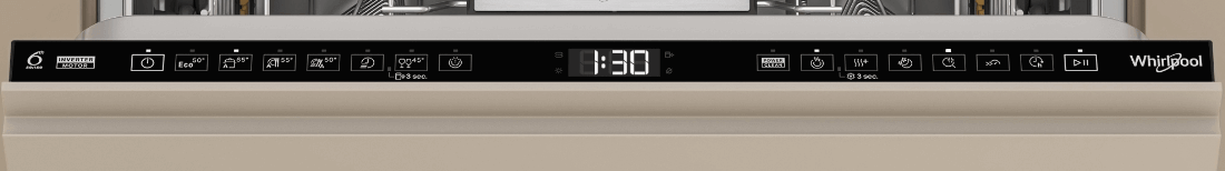 Panel sterowania zmywarki z wyświetlaczem pokazującym czas 1:30 oraz różnymi ikonami programów i funkcji. Widoczne jest logo Whirlpool.