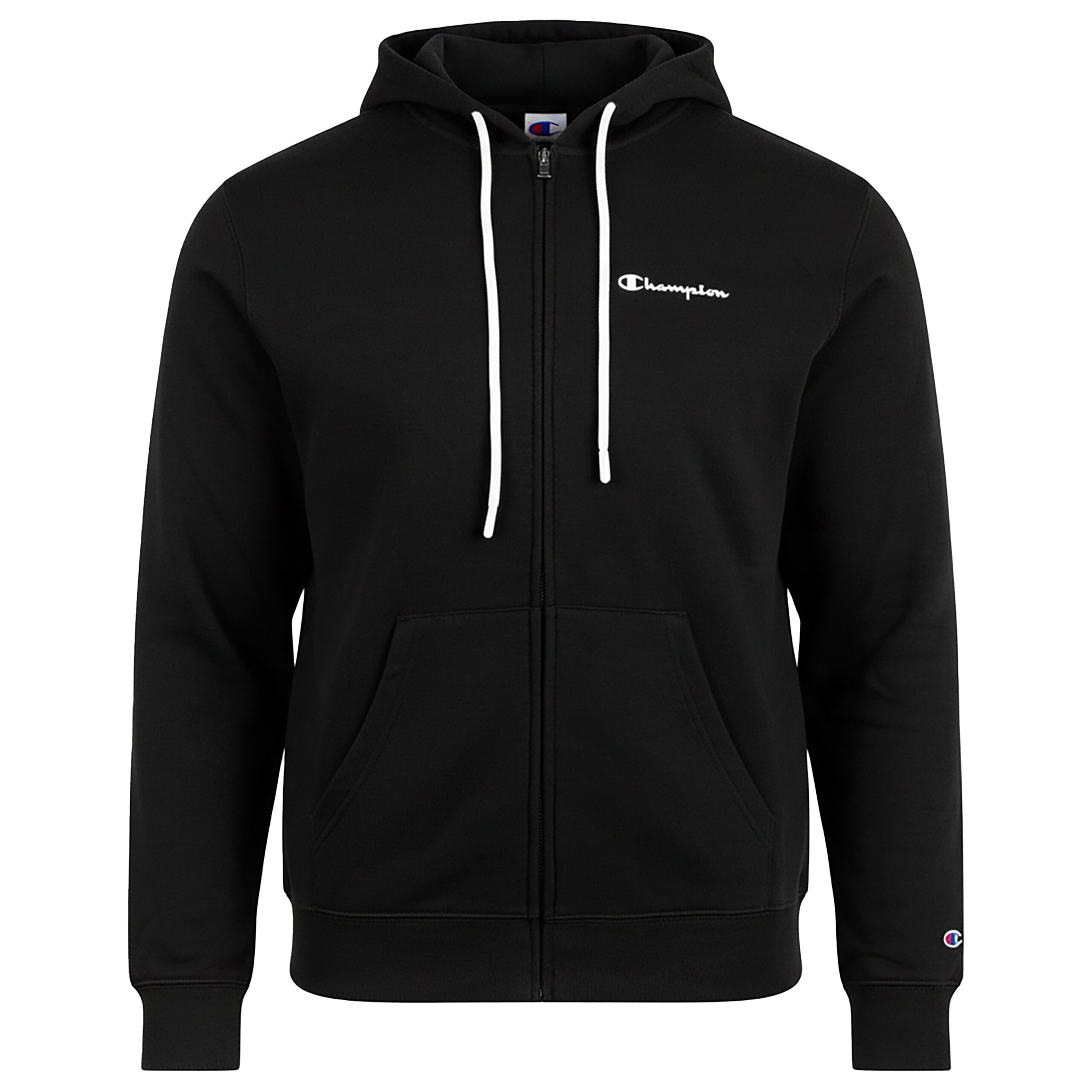 Czarna bluza z kapturem i białymi sznurkami, z logo \'Champion\' na piersi oraz małym logo na rękawie.