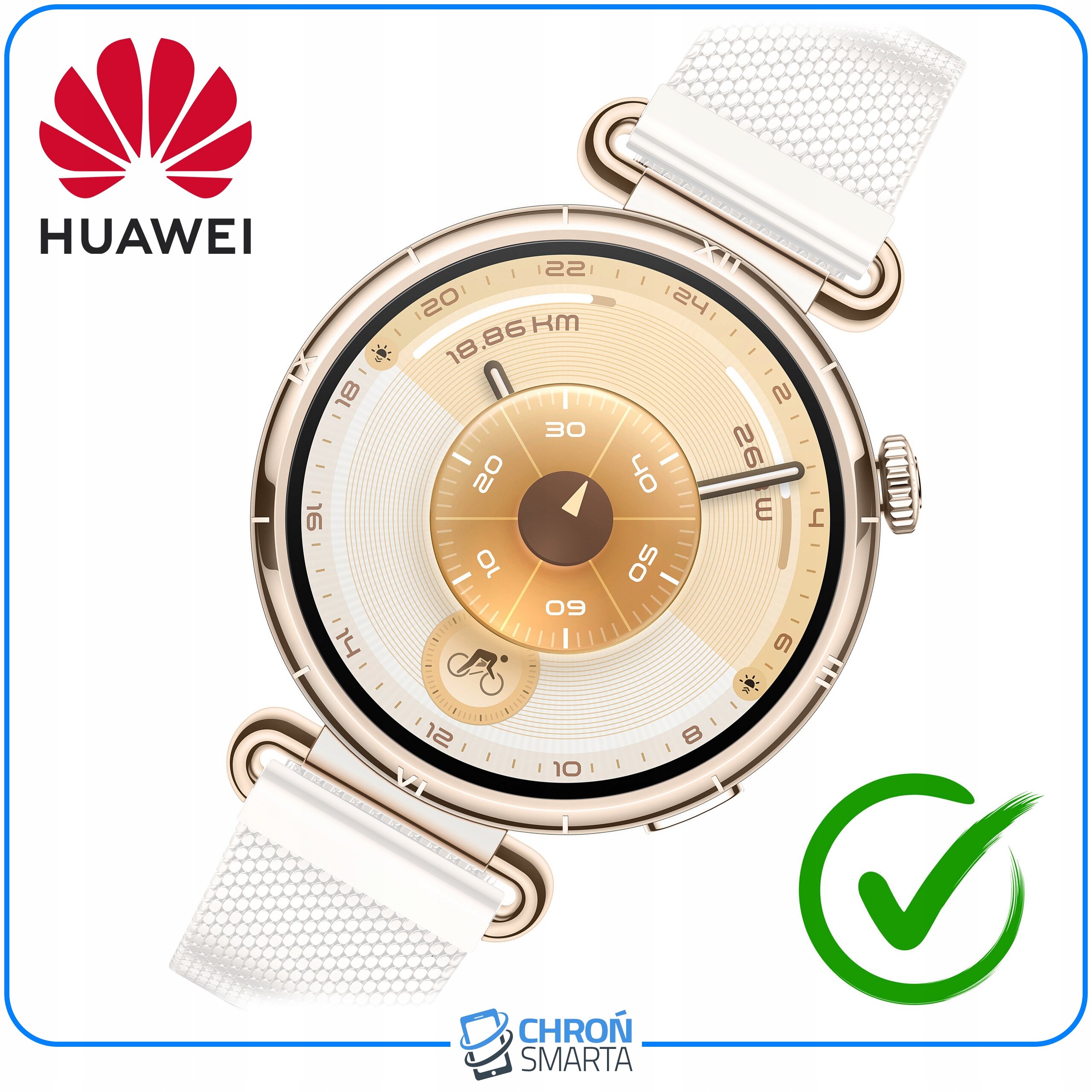 Na obrazie widoczny jest smartwatch z białym paskiem i złotą tarczą, z logo Huawei w lewym górnym rogu. Na dole znajduje się logo ChronSmarta oraz zielony znak wyboru.