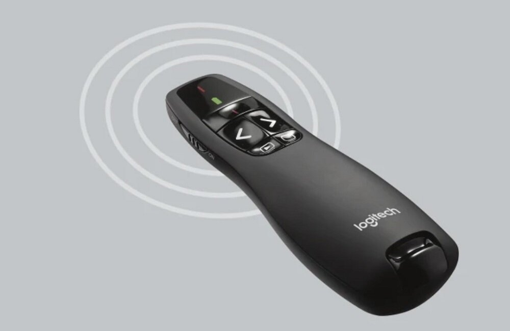 Prezenter LOGITECH R400 Intuicyjne rozmieszczenie przycisków Wskaźnik lasera sprawia, że prezentacja to żaden problem nawet w bardzo ciemnych pomieszczeniach