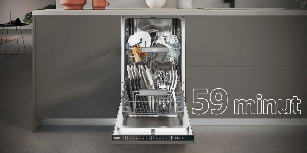 Zmywarka HAIER AI XI0C3TB3FB lifestyle zabudowa uchylowa infografika czas cykl 59 minut mniej niż godzina szybkie mycie dokładne skuteczne