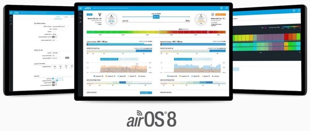 Punkt dostępu UBIQUITI Rocket 5AC Lite Zrzuty ekranu interfejsu użytkownika oprogramowania 'airOS 8' przedstawiające wykresy wydajności i panel konfiguracyjny