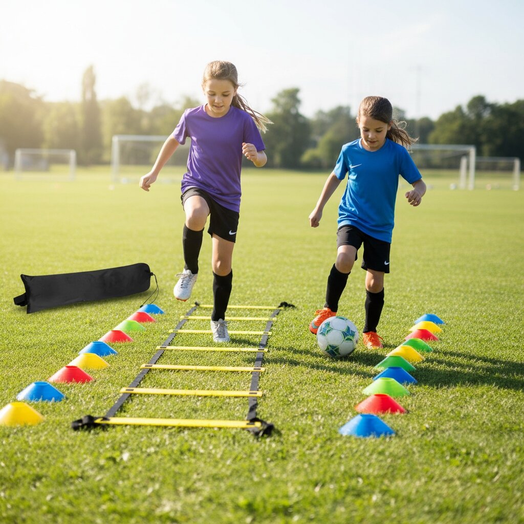 Na trawiastym boisku znajdują się dwie dziewczynki w sportowych strojach, które ćwiczą z użyciem żółtej drabinki koordynacyjnej i kolorowych pachołków. Obok widoczna jest czarna torba na sprzęt.
