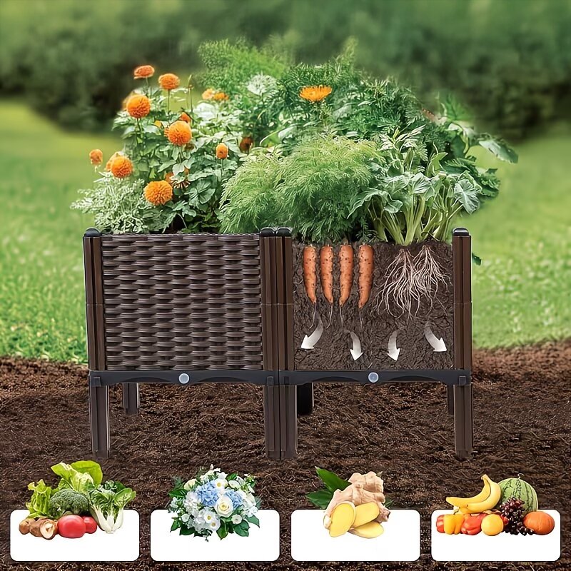 Na obrazie widoczna jest skrzynia ogrodowa z rosnącymi w niej roślinami, w tym marchewkami. Na dole znajdują się ilustracje różnych produktów spożywczych i kwiatów.