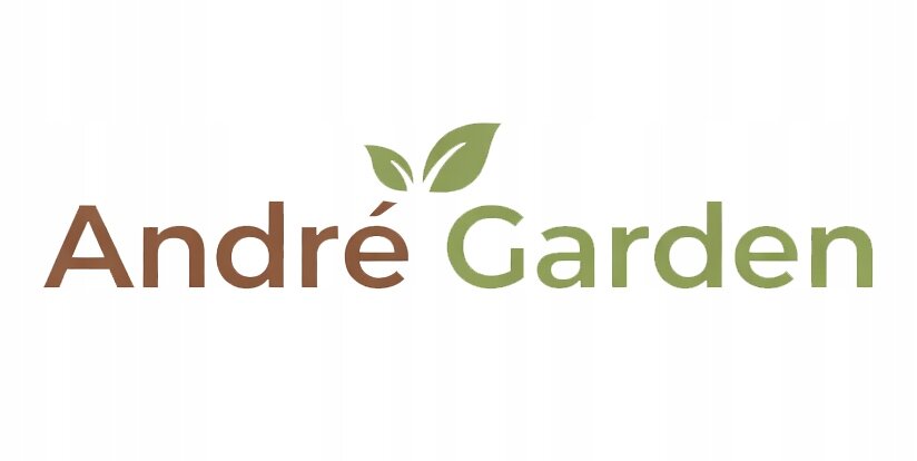Logo z napisem \'André Garden\', gdzie \'André\' jest w kolorze brązowym, a \'Garden\' w zielonym, z dwoma zielonymi liśćmi nad literą \'r\'.