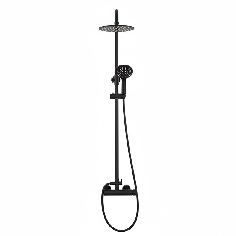 Czarna bateria prysznicowa z okrągłą deszczownicą i słuchawką prysznicową na elastycznym wężu. Produkt ma minimalistyczny design i jest przeznaczony do montażu na ścianie.