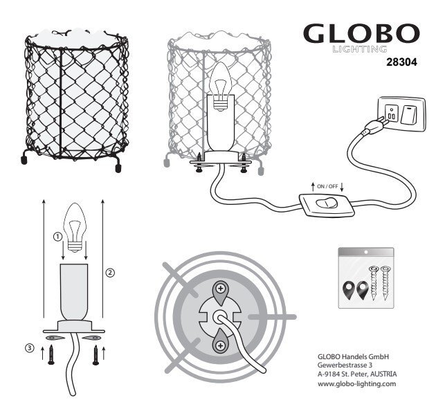 Ilustracja przedstawia schemat montażu lampy stołowej z metalowym koszem i żarówką, z włącznikiem na kablu. Widoczne jest logo \'GLOBO LIGHTING\' oraz numer \'28304\'.