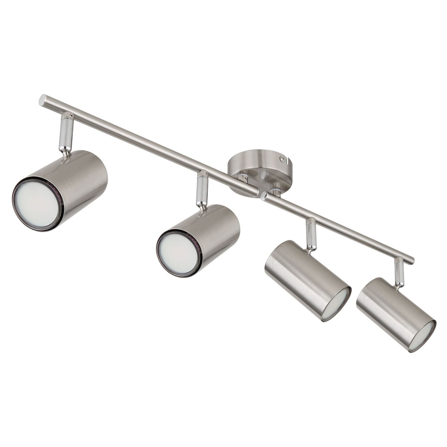 Lampa sufitowa z czterema cylindrycznymi reflektorami w kolorze srebrnym, zamontowana na prostym, metalowym ramieniu. Każdy reflektor jest ruchomy, co pozwala na skierowanie światła w dowolnym kierunku.