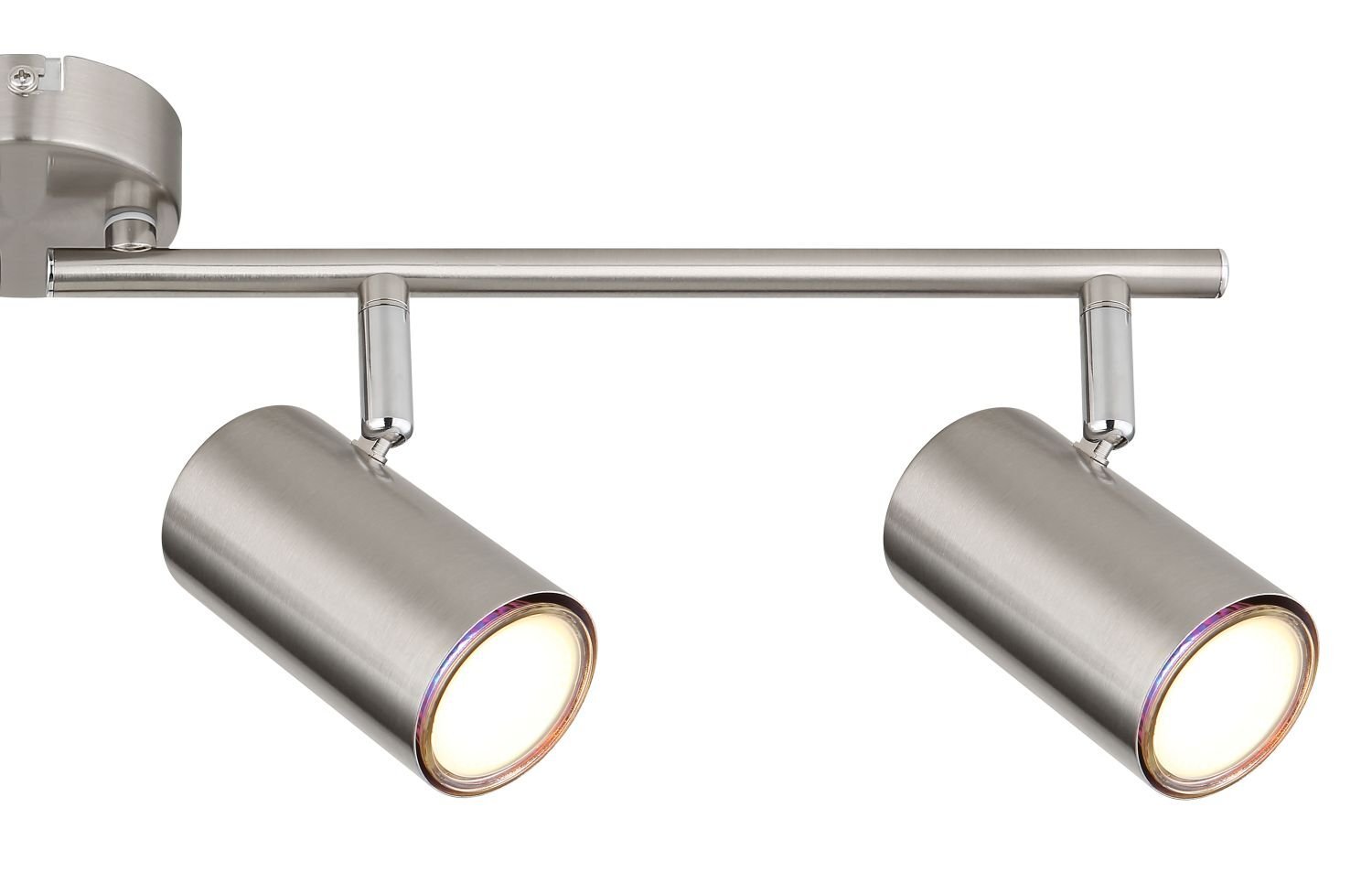 Lampa sufitowa z dwoma cylindrycznymi reflektorami w kolorze srebrnym, zamontowana na prostym, metalowym uchwycie.