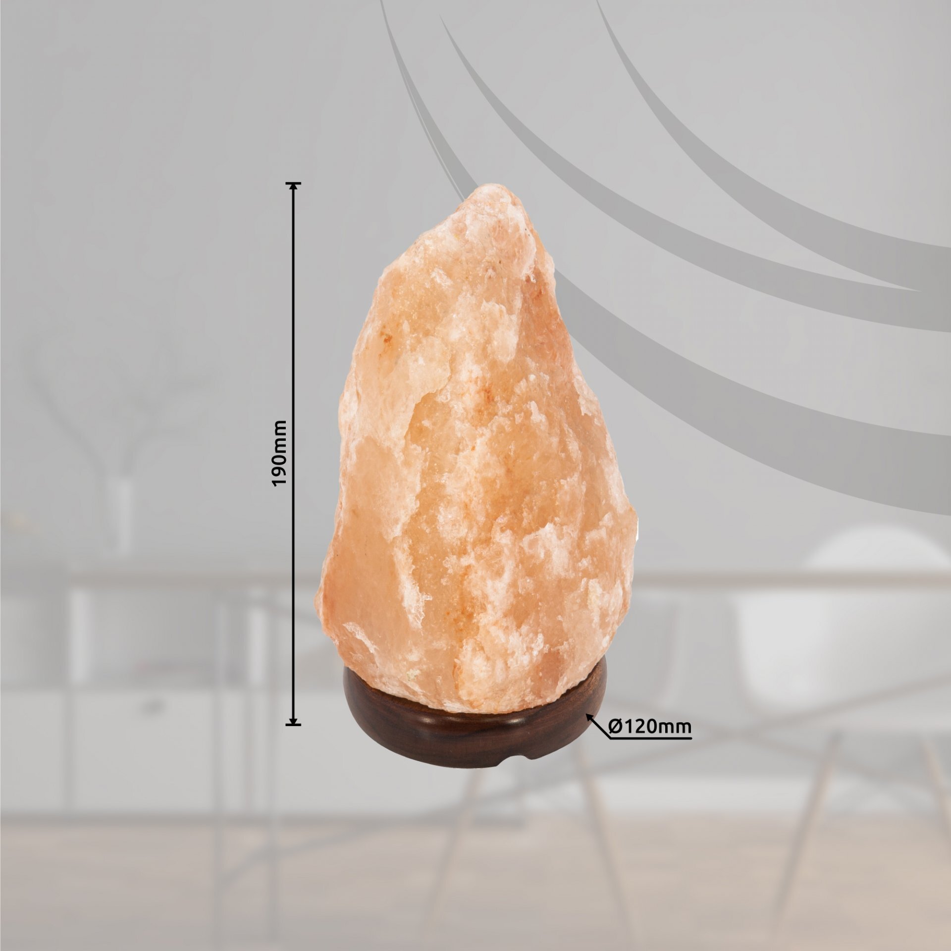 Na obrazie widoczna jest lampa stołowa z naturalnego kamienia solnego na drewnianej podstawie. Obok lampy znajdują się oznaczenia wymiarów: wysokość 190 mm i średnica 120 mm.