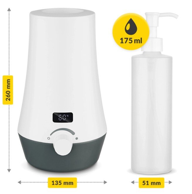 Na obrazie widoczny jest elektryczny podgrzewacz do olejków z wyświetlaczem pokazującym \'60°C\' oraz butelka z pompką. Obok podgrzewacza znajdują się wymiary: 260 mm wysokości i 135 mm szerokości, a przy butelce 51 mm szerokości oraz oznaczenie pojemności 175 ml.