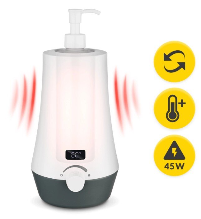 Na obrazie widoczny jest biały elektryczny podgrzewacz z wyświetlaczem pokazującym \'60°C\' oraz pokrętłem. Obok znajdują się trzy żółte ikony: strzałki, termometr z plusem i symbol 45W.
