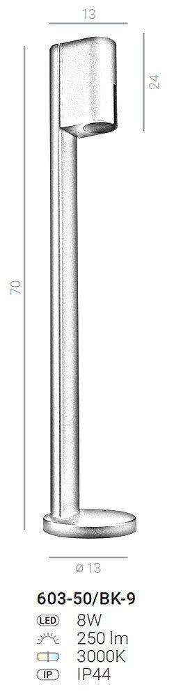 Na obrazie widoczna jest czarna, stojąca lampa zewnętrzna o nowoczesnym designie, z oznaczeniami: 603-50/BK-9, 8W, 250 lm, 3000K, IP44. Lampa ma cylindryczny kształt z prostokątną głowicą i okrągłą podstawą.