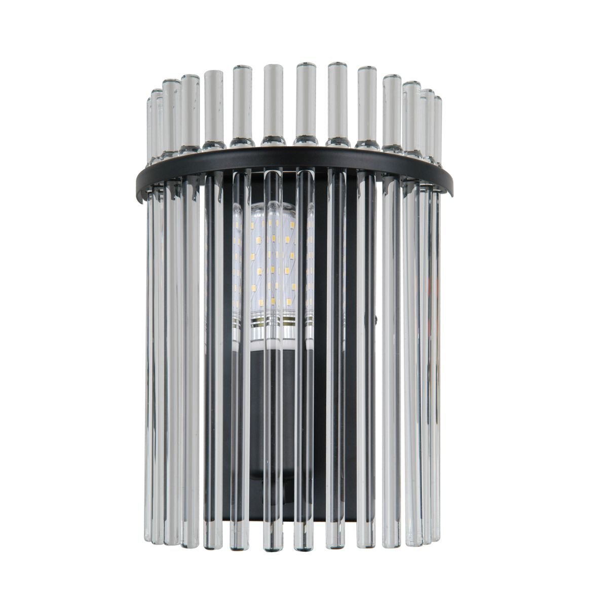 Czarny kinkiet ścienny z pionowymi, przezroczystymi prętami otaczającymi źródło światła. Lampa ma nowoczesny design i jest przeznaczona do wnętrz.