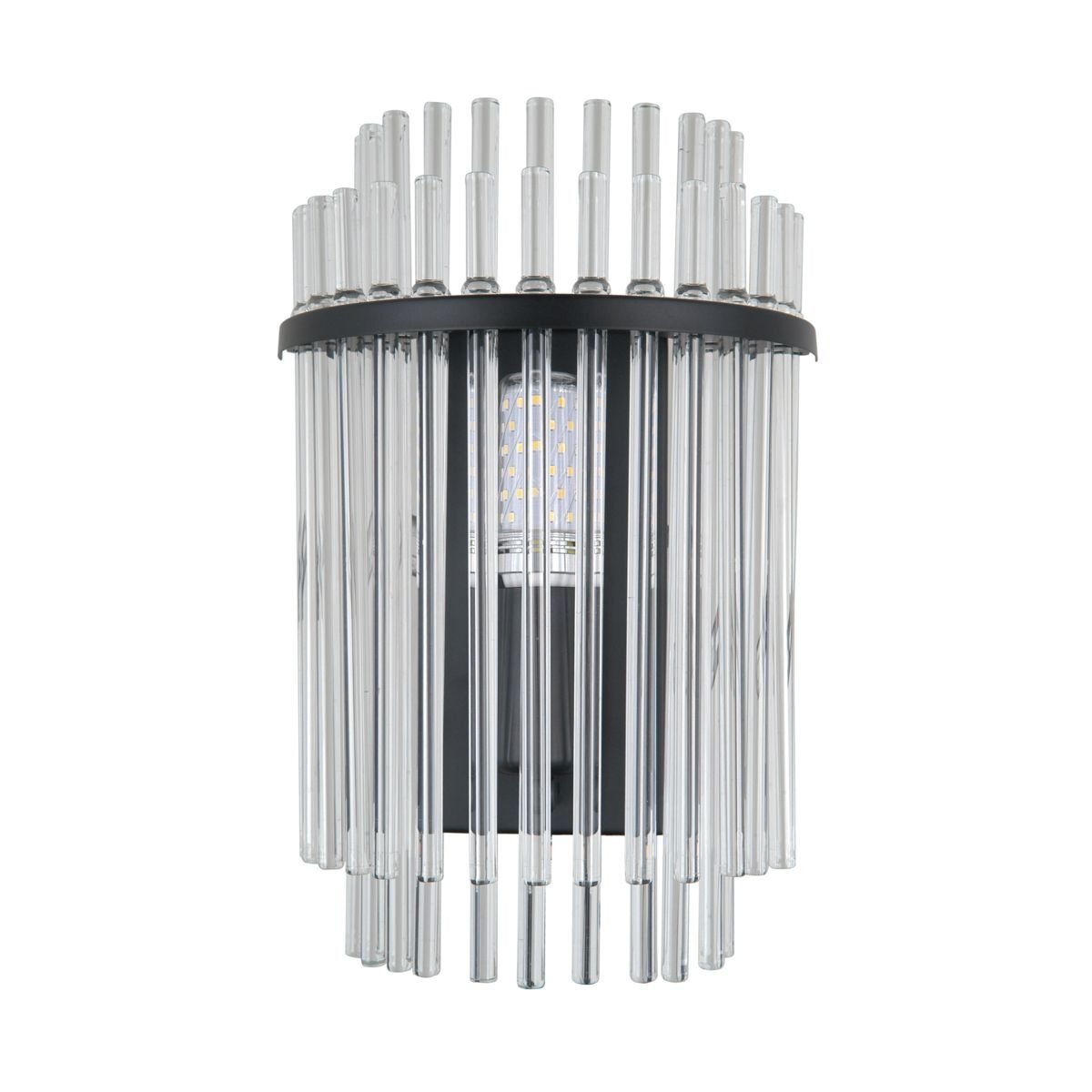 Lampa ścienna z czarną podstawą i przezroczystymi, pionowymi prętami otaczającymi źródło światła. Wewnątrz widoczna jest żarówka LED.