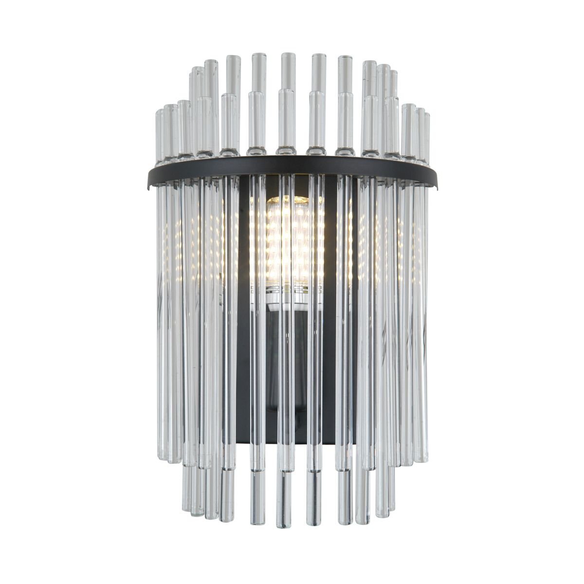 Lampa ścienna z czarną podstawą i przezroczystymi, pionowymi prętami otaczającymi źródło światła. Światło jest widoczne przez pręty, tworząc efekt rozproszenia.