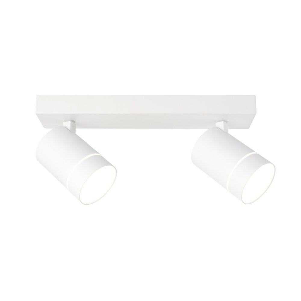 Biała lampa sufitowa z dwoma cylindrycznymi reflektorami zamontowanymi na prostokątnej podstawie. Reflektory są skierowane w różnych kierunkach.