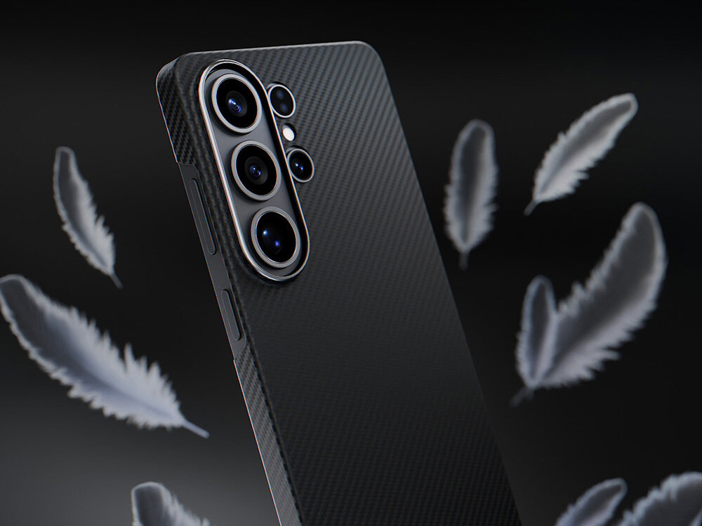Telefon Samsung Galaxy S w lekkim etui z włókna aramidowego unoszący się wśród piór, podkreślający niską wagę produktu