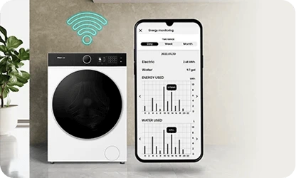 Na obrazie widoczna jest pralka z czarnym panelem sterowania oraz smartfon z aplikacją pokazującą zużycie energii i wody. Nad pralką znajduje się symbol sygnału Wi-Fi.