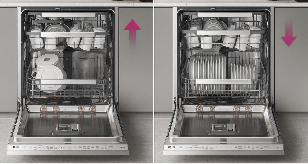 Obraz przedstawia otwartą zmywarkę z dwoma różnymi układami naczyń w środku. Na zmywarce widoczne jest logo LG, a nad nią znajdują się różowe strzałki wskazujące kierunek ruchu koszy.