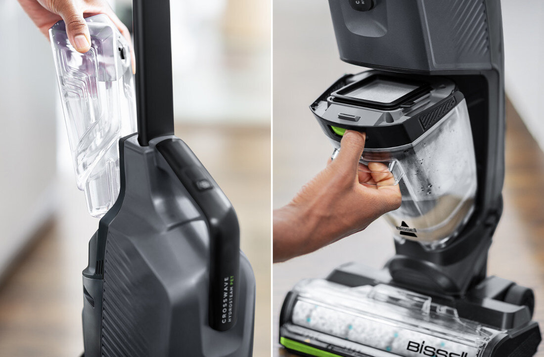 Na zdjęciu widać odkurzacz z wyjmowanym pojemnikiem na wodę. Widoczny jest napis \'Bissell\' na dolnej części urządzenia.