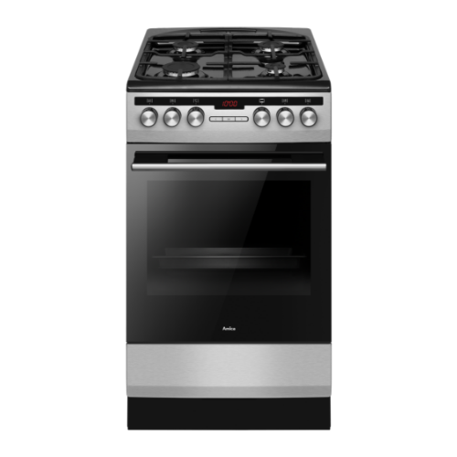 Na obrazie widoczna jest kuchnia wolnostojąca z czterema palnikami gazowymi na górze i piekarnikiem poniżej. Na panelu sterowania znajdują się pokrętła oraz wyświetlacz z czerwonymi cyframi \'12:00\'.