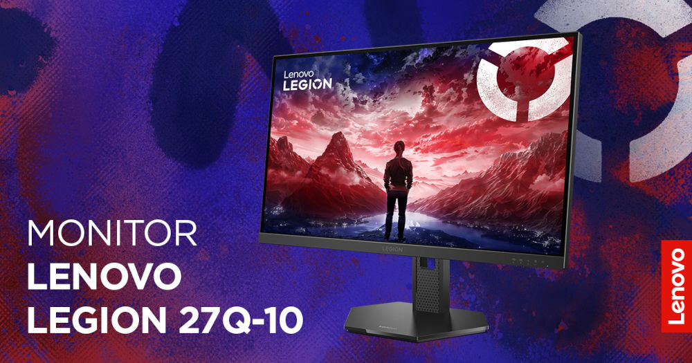 Monitor LENOVO Legion 27Q-10 27 cali 2560x1440px IPS 240Hz 0.5 [MPRT] prezentacja monitora pod kątem na kolorowym tle napis z marką i modelem