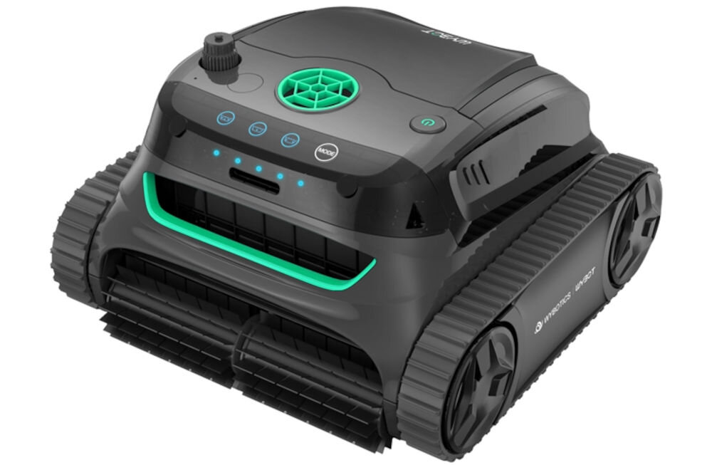 Czarny robot do czyszczenia basenów z zielonymi akcentami, wyposażony w gąsienice i kilka przycisków na górze. Na boku widoczne jest logo \'media expert\'.