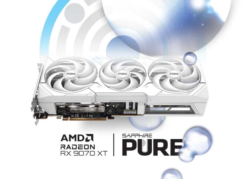 Komputer MAD DOG DEEPCOOL360-WH-A01DR32WH Biała karta graficzna z trzema wentylatorami z logo 'PURE' widoczna na tle graficznym z bąbelkami i napisem 'Sapphire Pure' oraz 'AMD Radeon RX 9070 XT'