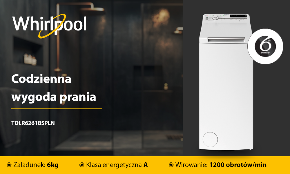 PRALKA WHIRLPOOL TDLR 6261BS PLN Grafika promocyjna prezentuje model pralki wraz z jego głównymi parametrami, takimi jak ładowność, klasa energetyczna i prędkość wirowania. Obok umieszczono logo producenta szybkie pranie kompaktowa energooszczędna funkcjonalna