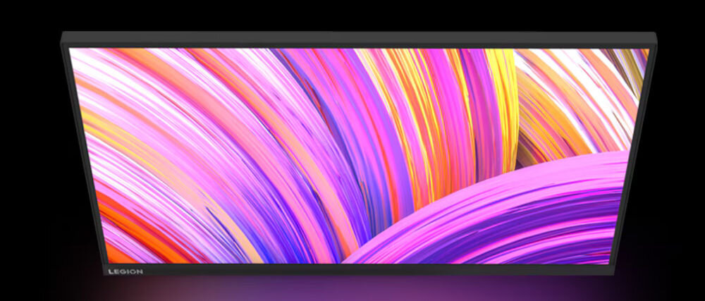 Monitor LENOVO Legion 27Q-10 27 cali 2560x1440px IPS 240Hz 0.5 [MPRT] prezentacja monitora pod kątem na ciemnym tle pokrycie sRGB DCI-P3 kolory szerokie spektrum barw