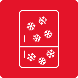 Ikona przedstawia białą lodówkę z symbolami płatków śniegu na czerwonym tle. Lodówka jest podzielona na dwie części, górną i dolną.