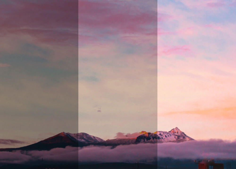 Obraz przedstawia górski krajobraz z trzema pionowymi pasami o różnych odcieniach kolorystycznych. Na horyzoncie widać góry pokryte śniegiem, a nad nimi niebo w pastelowych barwach.