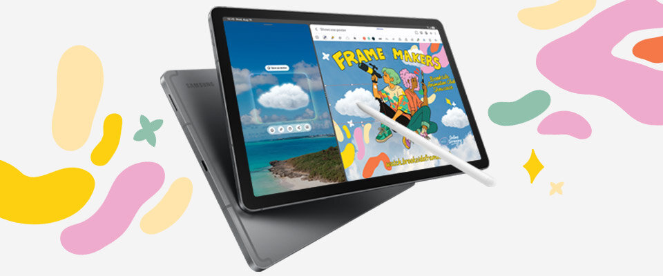 Na obrazie widoczny jest tablet z wyświetlaczem pokazującym kolorową grafikę i przeglądarkę internetową. Obok tabletu znajduje się biały rysik, a w tle są kolorowe abstrakcyjne kształty.