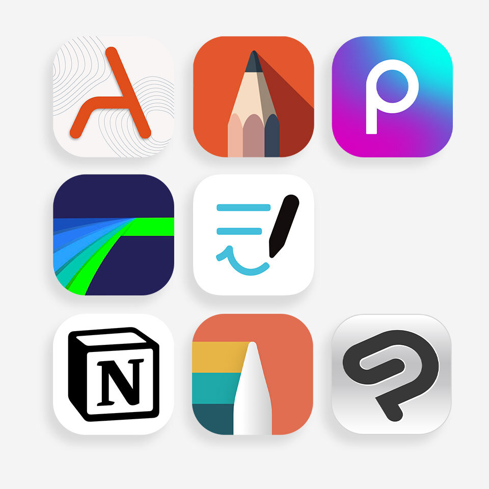 Obraz przedstawia dziewięć ikon aplikacji na białym tle, każda z różnymi symbolami i kolorami. Ikony mają zaokrąglone rogi i różnorodne wzory, takie jak ołówek, litera \'N\', czy pędzel.