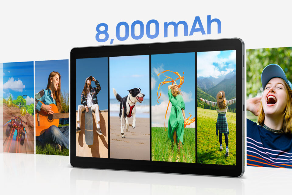 Obraz przedstawia tablet z wyświetlaczem pokazującym różne sceny, takie jak gra, gra na gitarze, pies na plaży, osoba na łące i w górach. Nad tabletem widoczny jest napis \'8,000 mAh\'.