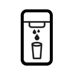 Czarna ikona przedstawiająca podajnik wody z kroplami wpadającymi do szklanki.