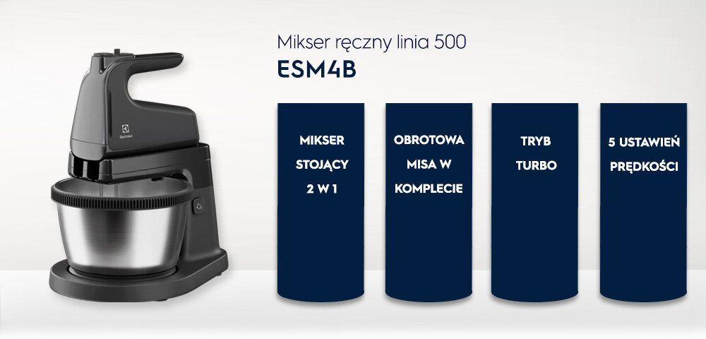 Na obrazie widoczny jest czarny mikser z metalową misą. Obok znajdują się napisy: \'Mikser ręczny linia 500 ESM4B\', \'Mikser stojący 2 w 1\', \'Obrotowa misa w komplecie\', \'Tryb turbo\', \'5 ustawień prędkości\'.
