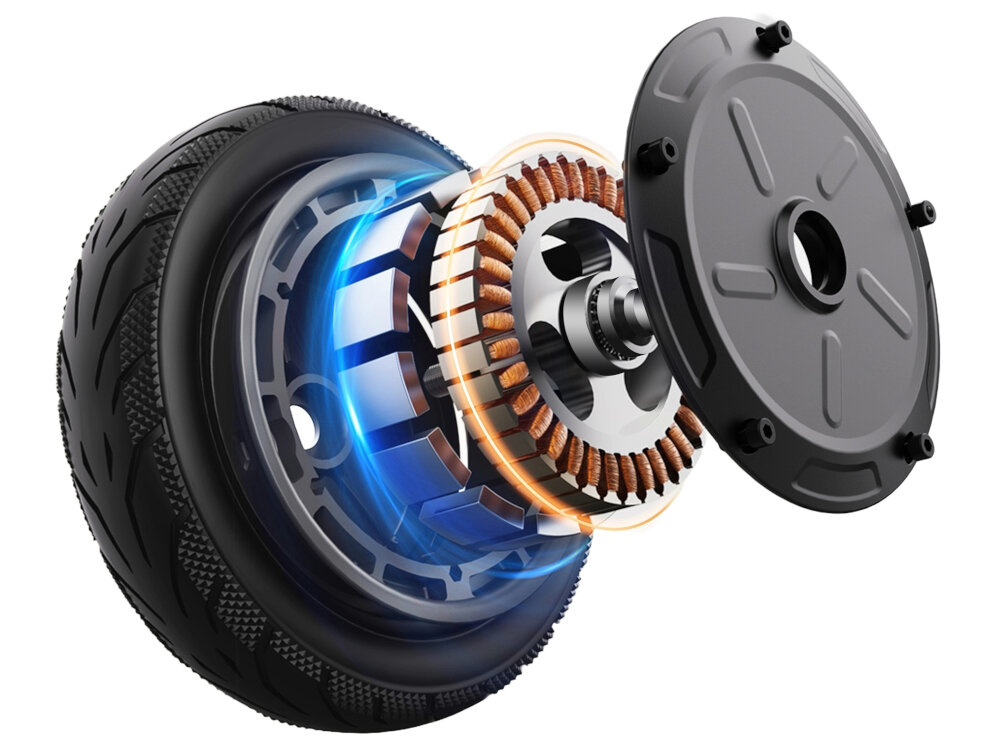 Obraz przedstawia zbliżenie na rozłożony silnik elektryczny z widocznymi elementami wewnętrznymi, takimi jak cewki i wirnik. W tle widoczna jest opona z bieżnikiem.