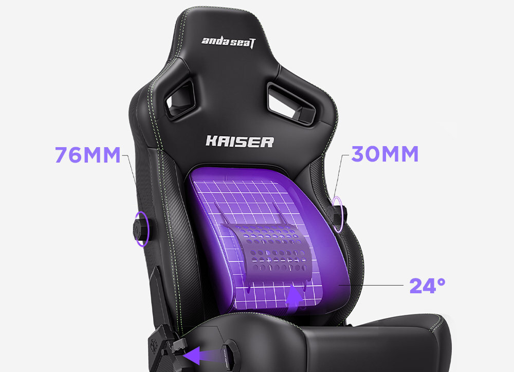 ANDA SEAT Kaiser 4 L 4-kierunkowy system podparcia lędźwiowego uchwytom po bokach Szerokie, profilowane siedzisko lekkim uniesieniem pod kątem 5°