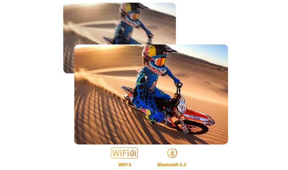Dwa obrazy przedstawiają motocyklistę jadącego po piaszczystych wydmach. Na dole znajdują się ikony z napisami: \'WiFi 6\' i \'Bluetooth 5.2\'.