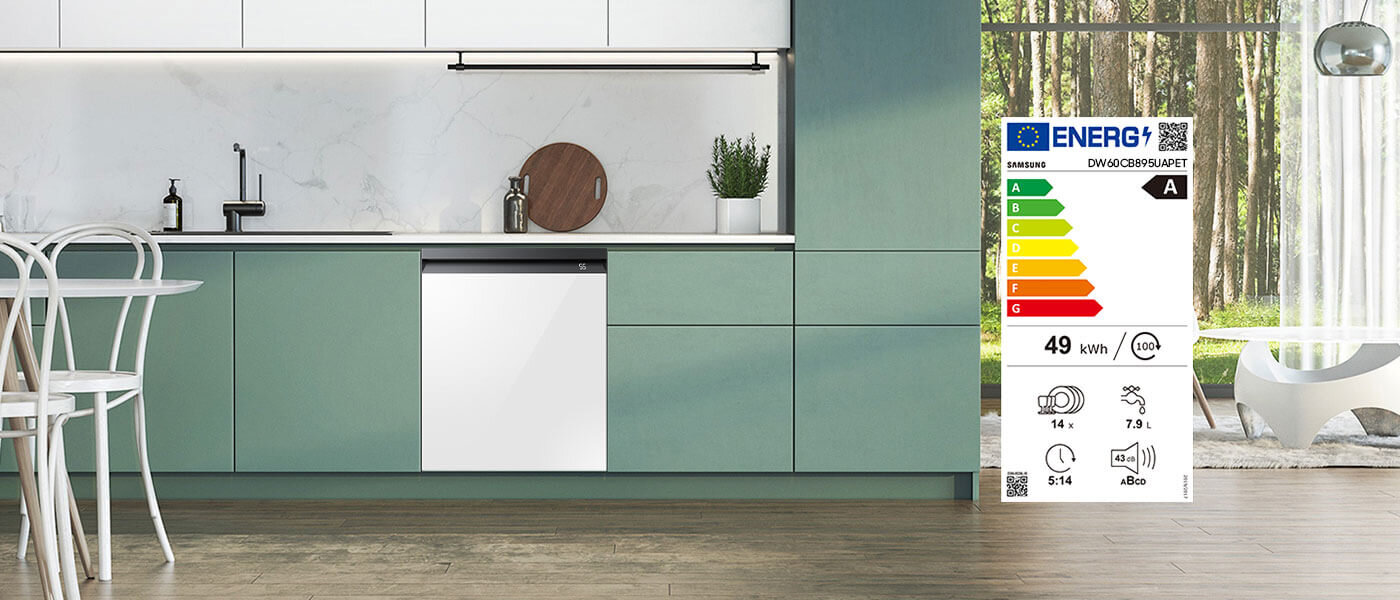 Zielona, elegancka kuchnia a obok ulotka z informacją o klasie energetycznej zmywarki Samsung 